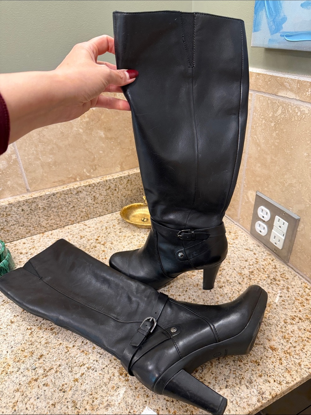 Geox Black Leather Knee-High Heeled Boots